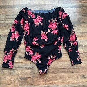 💚Intimately Free People Bodysuit Black with Pink Floral Design Medium
